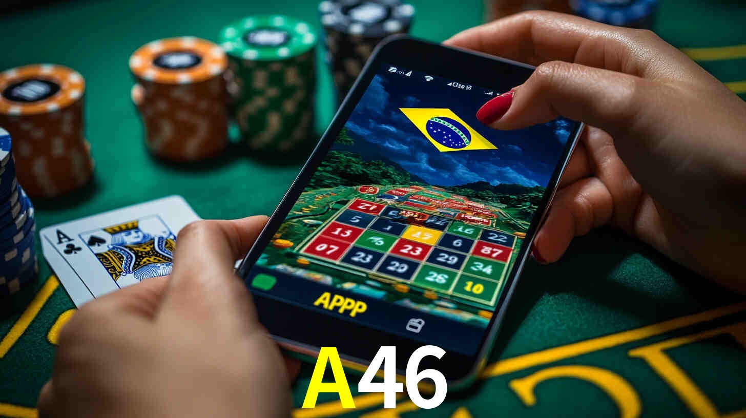 Una escena digital vívida inspirada en casino con A46 mostrado prominentemente, luces brillantes, fichas, cartas y acentos dorados.