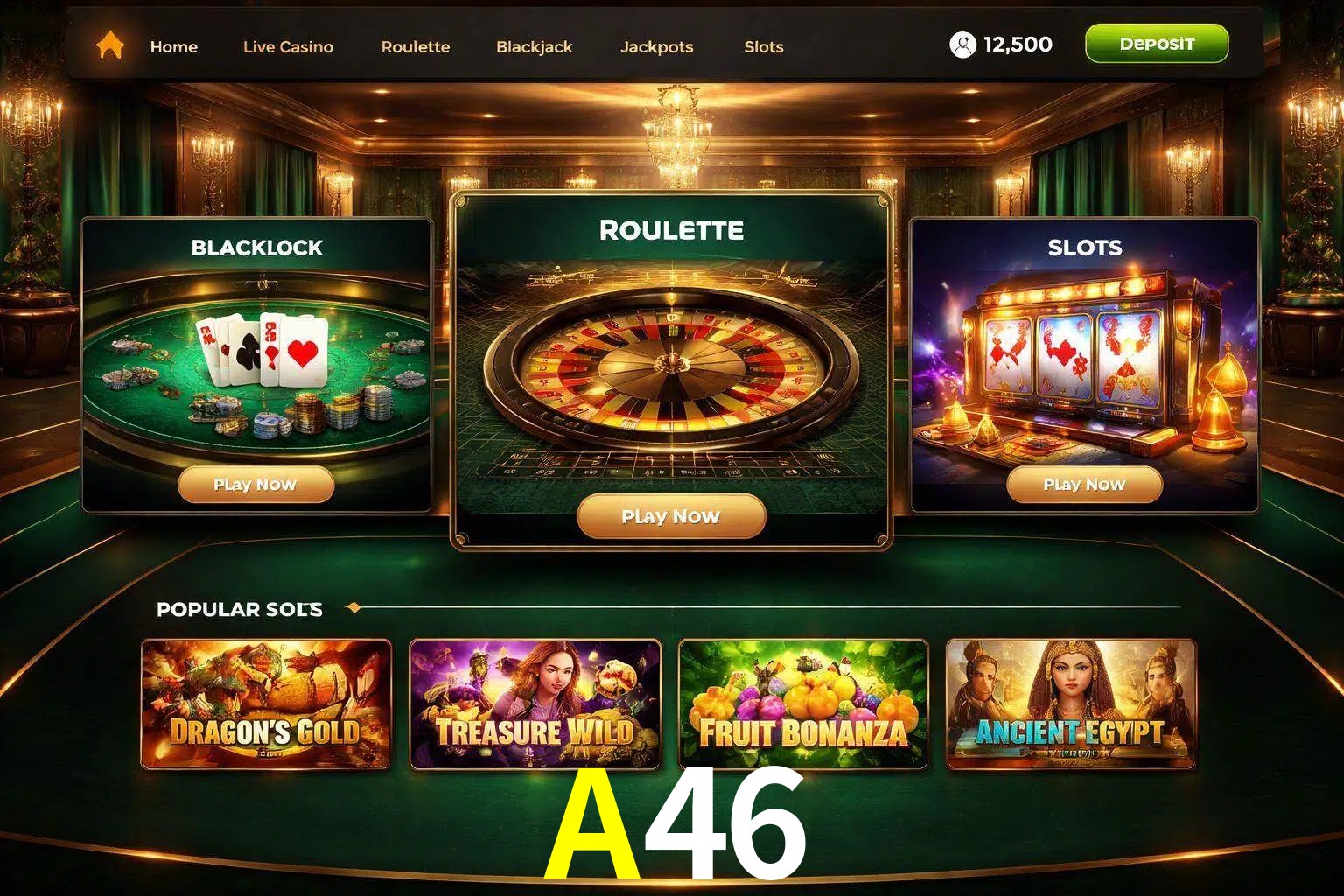 Vista de la plataforma A46 Casino mostrando categorías organizadas de juegos en línea